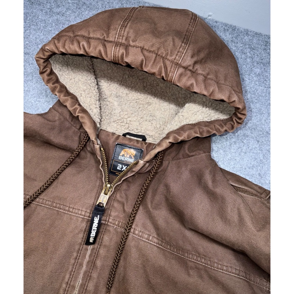 Berne Heartland Mens Sherpa Lined Duck Cotton Hooded Work Coat Brown Size 2XL